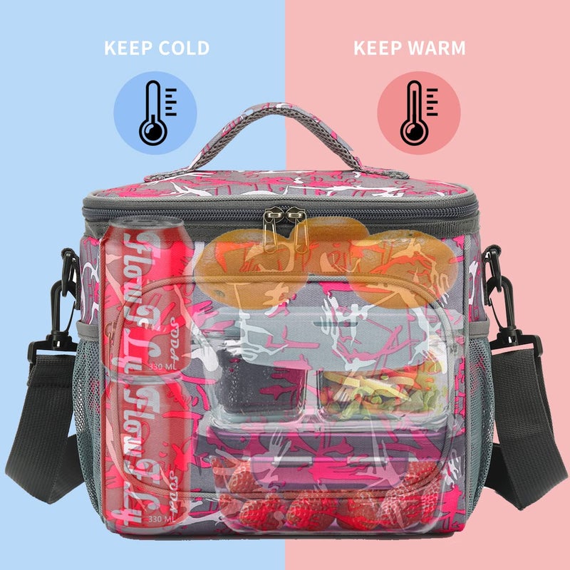 FlowFly Insulated Reusable Lunch Bag Adult Large Lunch Box for Women and Men with Adjustable Shoulder Strap,Front Zipper Pocket and Dual Large Mesh Side Pockets,Graffiti - Image 2
